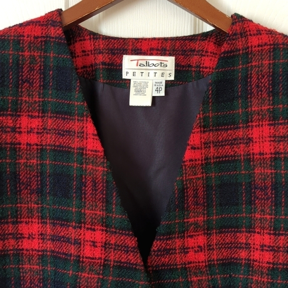 Talbots 80's Vintage Preppy Plaid Wool Blend Tweed Collarless Blazer Jacket 4P - Picture 2 of 11